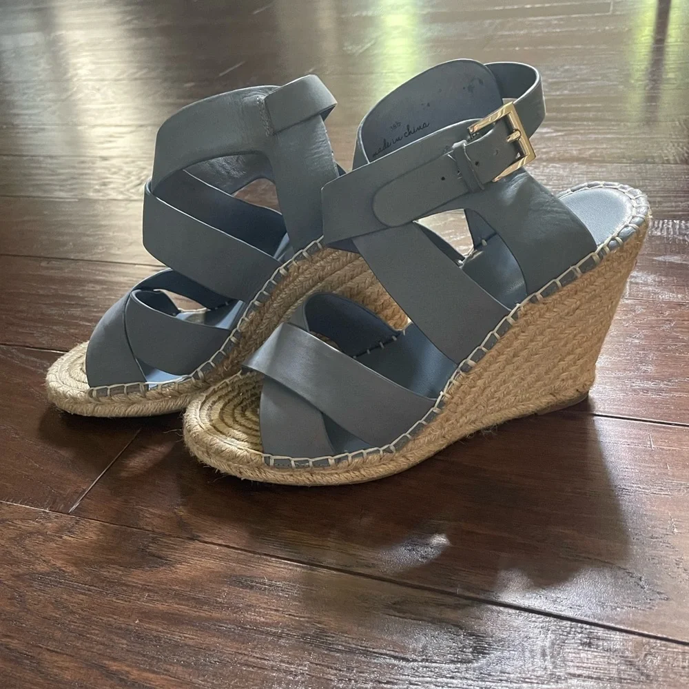 Joie Kaelyn Blue Espadrille Wedge Sandals Leather Size 38.5